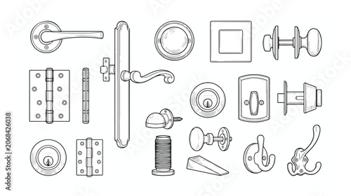 Bild auf Leinwand Vintage door hardware collection, antique metal handles and hinges vector set, a
