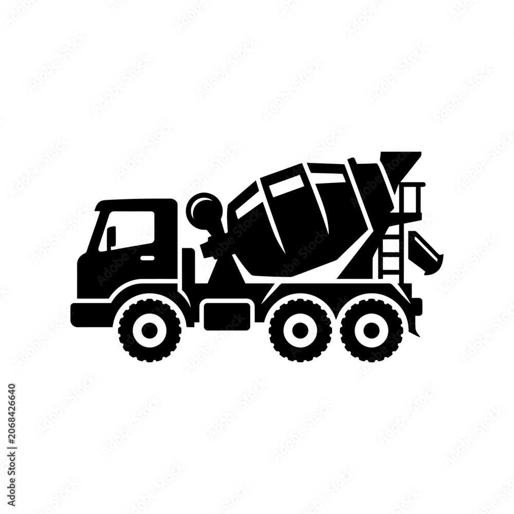 Fototapeta premium Black silhouette of a concrete mixer truck used for construction projects, a heavy vehicle icon isolated on a white background.