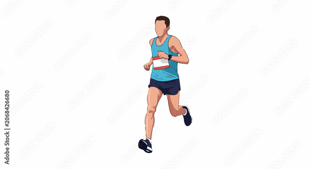 Fototapeta premium A man in a blue tank top and shorts runs with a focused expression