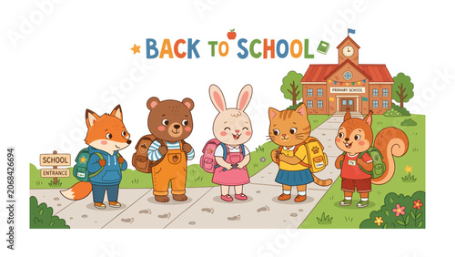 Bild auf Leinwand Back to School Animals: Adorable anthropomorphic animals, including a fox, bear, rabbit, cat, and squirrel, stand ready for their first day at school, equipped with backpacks