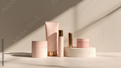 An elegant collection of cosmetic product mockups in pastel pink packaging, arranged on a neutral beige surface with beautiful shadow play