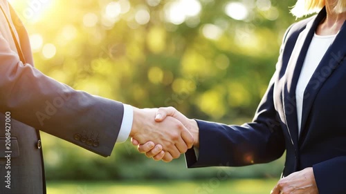Businessman and businesswoman in formal suits shake hands outdoors with a sunny blurred green park background, highlighting a successful professional agreement and partnership.