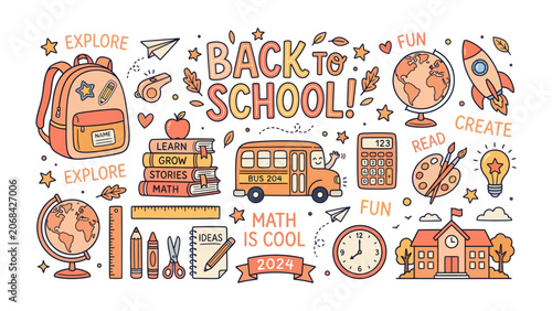 Back to School Excitement: A vibrant collection of school supplies and educational symbols bursting with color and creativity, celebrating the joy of learning and the start of a new academic year.