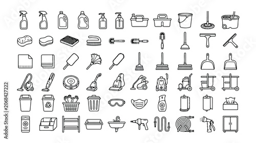 Tableau sur toile Cleaning supplies vector icon set, essential household cleaning tools and equipm
