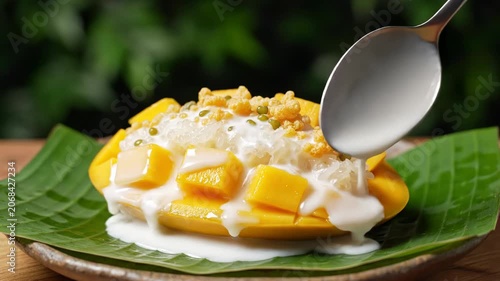 Close-up of coconut milk being poured onto a halved diced yellow mango filled with white glutinous sticky rice and topped with mung beans on a green banana leaf, outdoor setting.