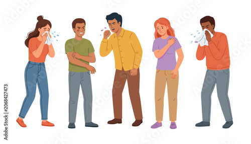 Foto Sick people characters coughing and sneezing