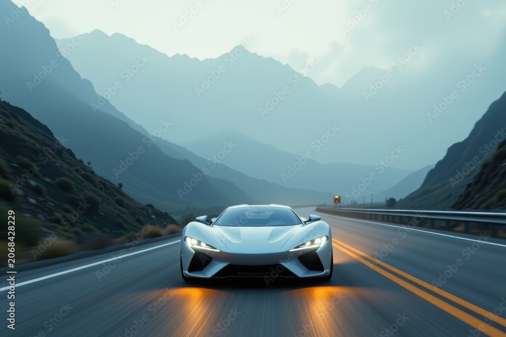 Naklejka premium Sleek silver sports car driving on a winding mountain road at dawn with scenic peaks in background.