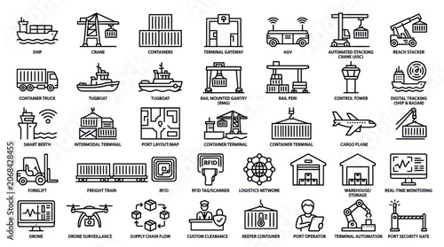 Logistics and transportation icons set with various symbols and signs
