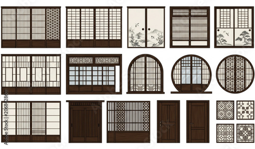 Εκτύπωση καμβά Japanese Shoji Screens and Window Frame Vector Collection