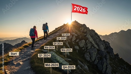 Hikers reach mountain summit with 2026 goal flag and timeline milestones for strategic planning and future success