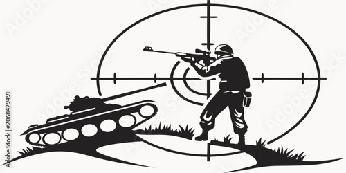 Silhouette graphic of a soldier aiming a scoped rifle at a target with a military tank in the background military targeting silhouette tactical illustration precision protection strategic