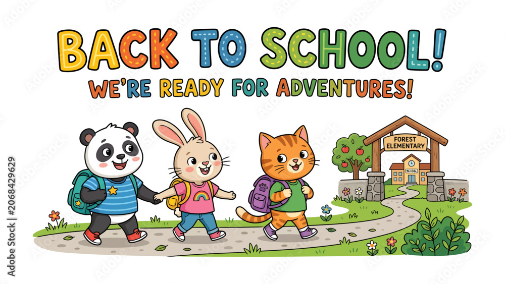 Fototapeta premium Back to School Fun: Adorable cartoon animals, a panda, bunny, and cat, happily head back to school with backpacks, ready for new adventures. The image features a bright.