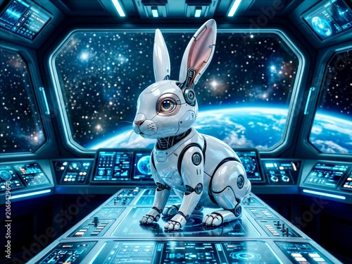 Futuristic Robotic Rabbit in Spacecraft Control Room Overlooking Earth
