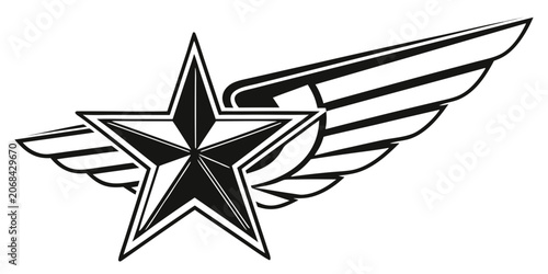 Canvas Print Black and white star icon with decorative wings illustration isolated silhouette