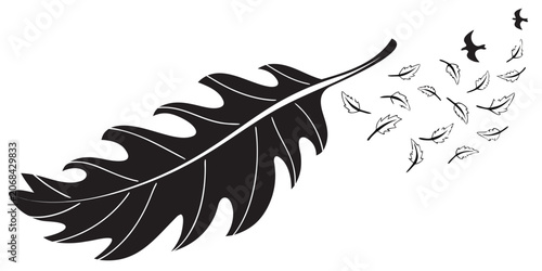 Konstfotografi Large autumn leaf transforming into a flock of small birds with transformation m
