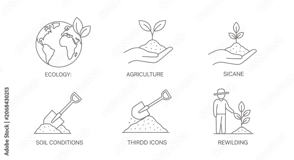 Obraz premium Set of minimal line icons illustrating environmental growth, farming, planting, and ecological stewardship.