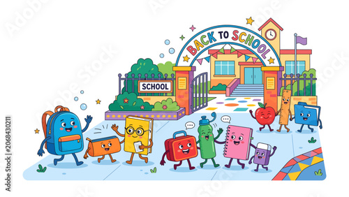 Photos Back to School Celebration: A whimsical collection of anthropomorphic school supplies joyfully marches towards a vibrant school building, adorned with colorful banners and a Back to School archway