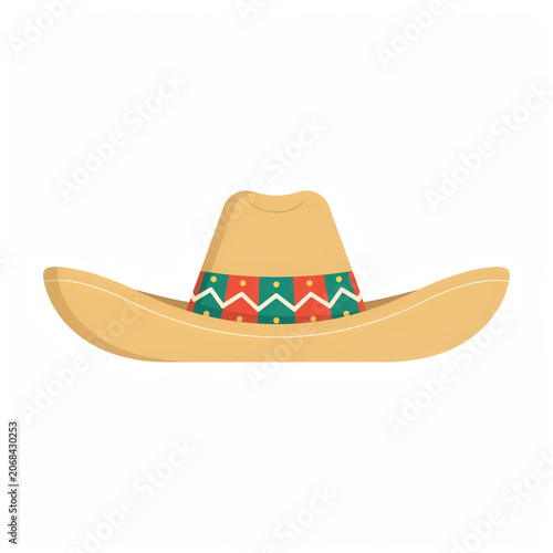 Flat lay view of festive beige cowboy hat with colorful zigzag band pattern