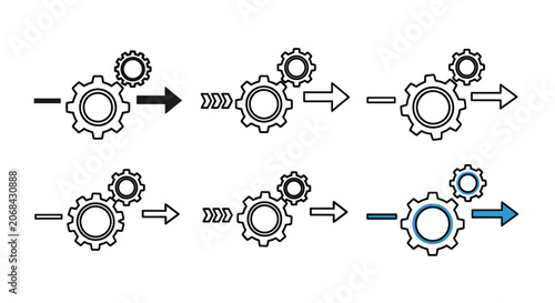 Industrial gear workflow diagram showing interconnected cogs and arrows representing process optimization and automation.