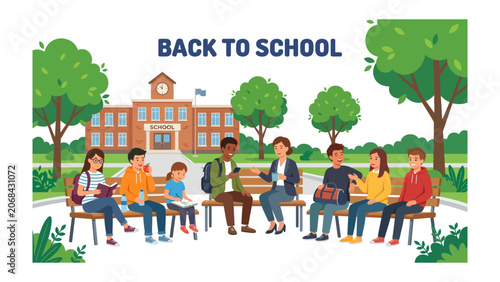 Slika na platnu Back to School Excitement: A vibrant illustration depicts a group of diverse students gathered on a bench outside a school building, ready for a new academic year filled with learning and friendship