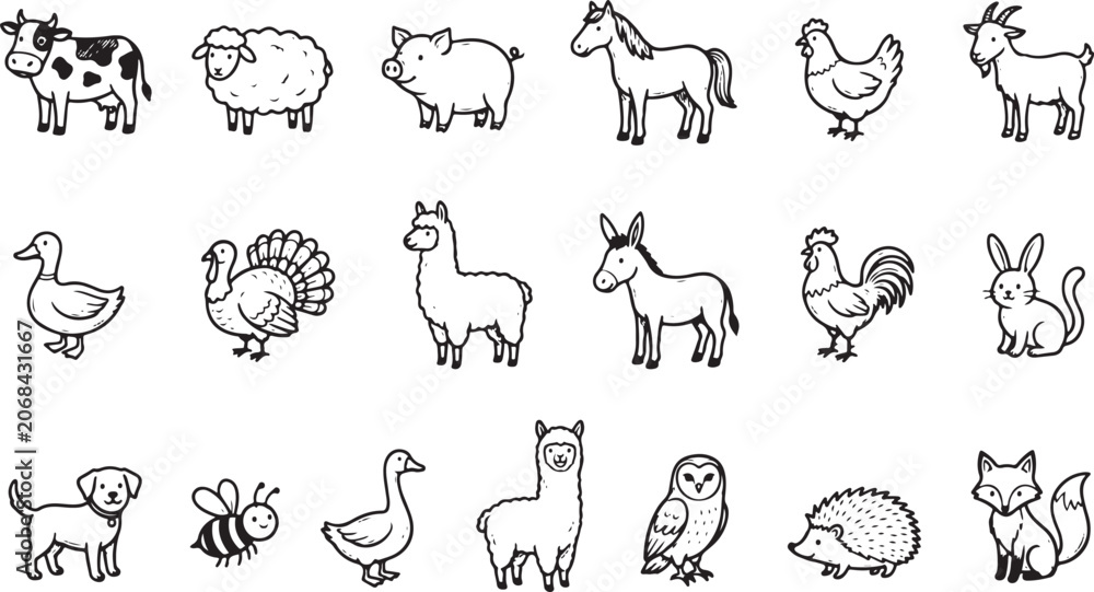 Fototapeta premium Set of farm and forest animals illustration
