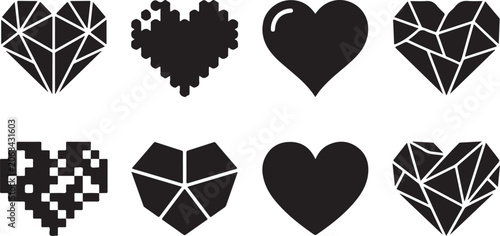 Set of various heart icons, including geometric, pixelated, and simple solid shapes, vector illustration isolated on white background