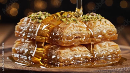 Close-up of layered golden baklava stack on wood platter, topped with crushed pistachios, honey syrup pouring over phyllo crust, dark bokeh background, traditional Middle Eastern dessert.