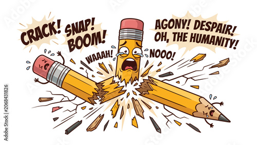 Valokuva Shattered Dreams: A dramatic illustration depicts a pencil breaking into pieces, expressing anguish and despair with comical sound effects and exaggerated facial expressions
