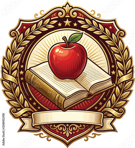 Red apple on open book emblem with golden laurel wreath and blank banner for education design vector