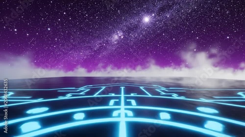 3D render of a futuristic platform with glowing blue neon circuitry patterns, low clouds at the horizon, and a dense purple starry sky background with visible milky way galaxy.