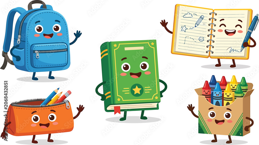 Fototapeta premium Cute school supplies characters set with backpack book notebook pencil case and crayons in flat vector illustration