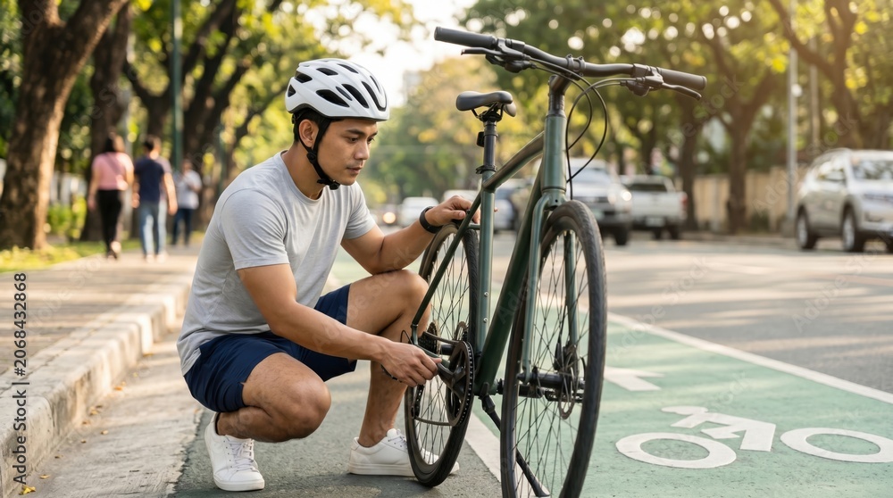 Obraz premium Urban Cycling Group Day - Adult cyclist checking chain near bike lane