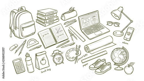 Fotografie School Supplies Collection: An array of essential school supplies and study tools, depicted in a charming hand-drawn sketch style, ready for a new academic year