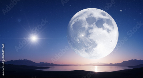 Serene lunar landscape with large moon rising over calm water and mountains at sunset or sunrise with starry night sky
