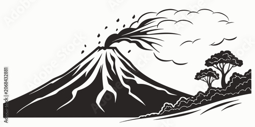 Photography Stylized illustration of an erupting volcano in nature with eruption mountain la