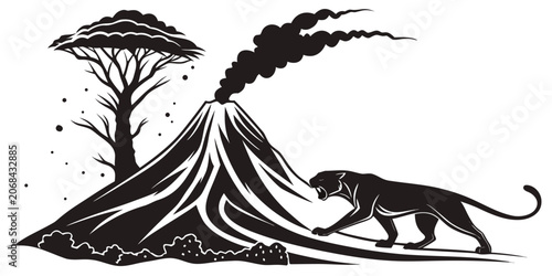 Photos Black panther near erupting volcano and african tree silhouette with eruption pr