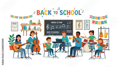 Back to School Music Class: A vibrant illustration depicts a lively music class filled with diverse children and a teacher.