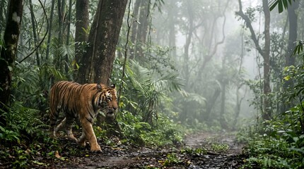Majestic Bengal Tiger Walking Through Misty Tropical Rainforest Path