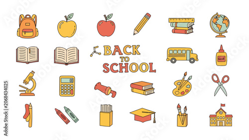 Canvastavla Back to School Icons: A vibrant collection of colorful icons representing essential school supplies and educational elements, perfect for celebrating the start of a new academic year