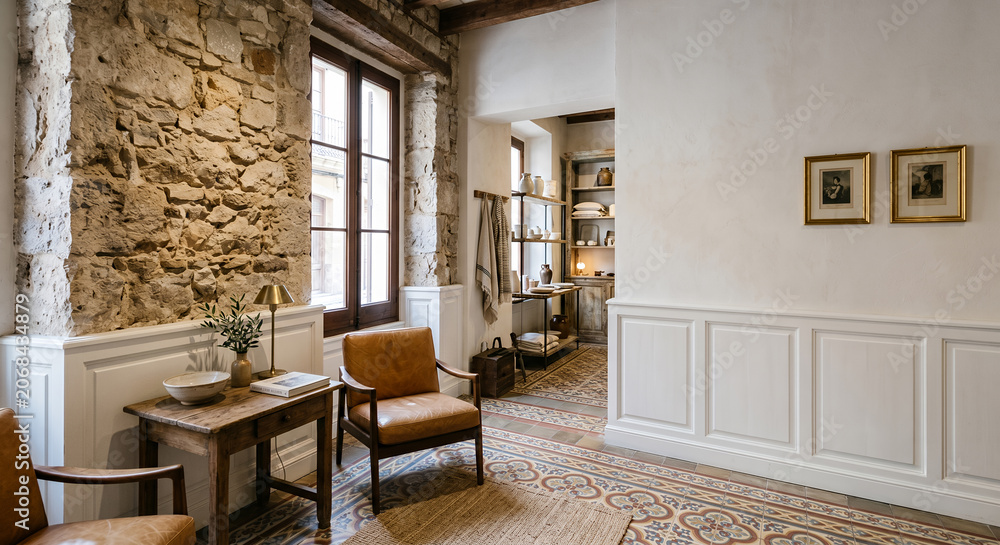 Fototapeta premium Vintage leather armchair corner with stone wall and warm lighting