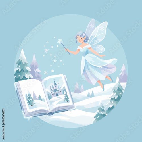 Konstfotografi A magical winter fairy casts spells over an open storybook