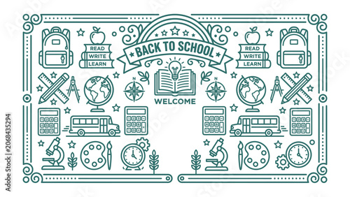 Obraz na plátne Back to School Graphic Design: A comprehensive and intricate illustration celebrating the return to school, featuring a montage of educational symbols and motifs within a decorative border