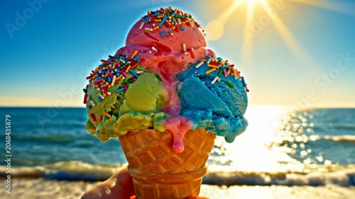 Hand holding a waffle cone with three melting scoops of pink, green, and blue ice cream topped with rainbow sprinkles against a sunny beach background with ocean waves.