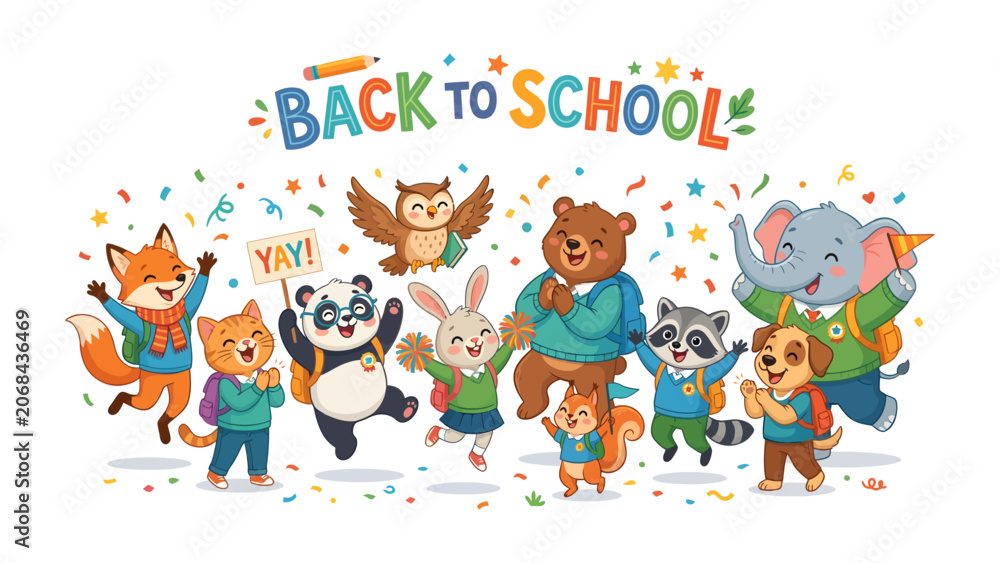 Fototapeta premium Back to School Animal Parade: A joyful procession of cartoon animals, including a fox, cat, panda, rabbit, owl, bear, chipmunk, raccoon, and dog.