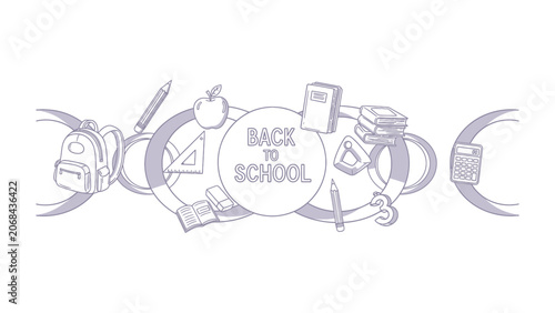 Fotografija Back to School Essentials: A whimsical illustration of school supplies and iconic symbols framing the words Back to School, representing the excitement and anticipation of the academic year ahead
