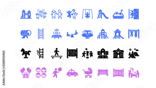 Foto Flat vector icons featuring playground equipment, outdoor activities, recreation areas, and children's entertainment