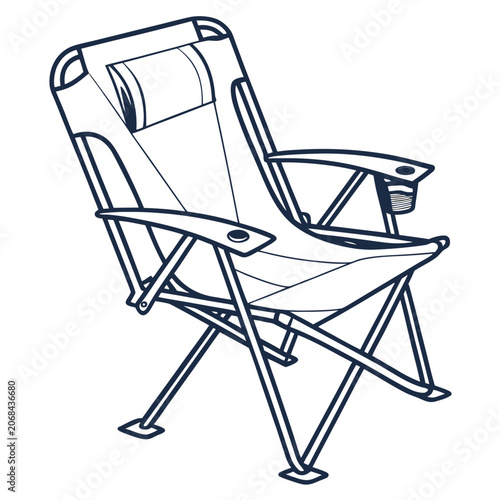Portable folding camping chair icon illustration with armrests and cup holders outdoor leisure and relaxation equipment graphic vector cup holder white background day out fabric seat portable