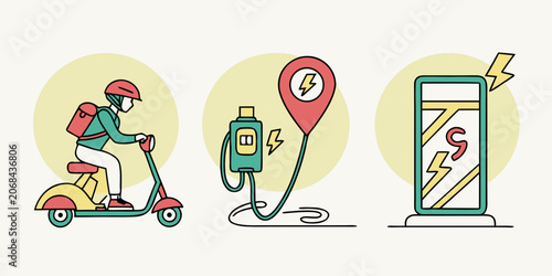 Electric scooter with rider charging station location pin line art eco friendly food delivery white background charging transport mobility illustration transportation personal technology