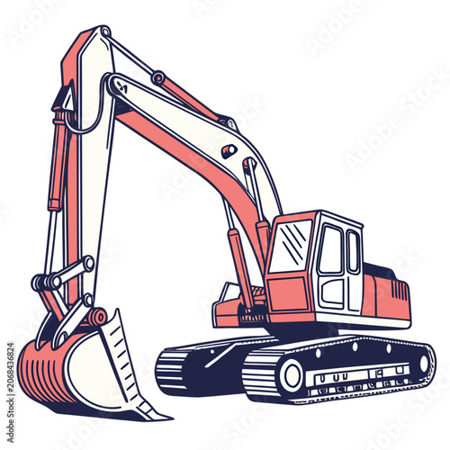 Red and white excavator graphic illustration construction machine heavy duty red vehicle white background excavator construction equipment industrial earthmover mechanical transportation