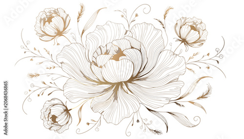 Delicate floral line art composition featuring flowers and leaves
